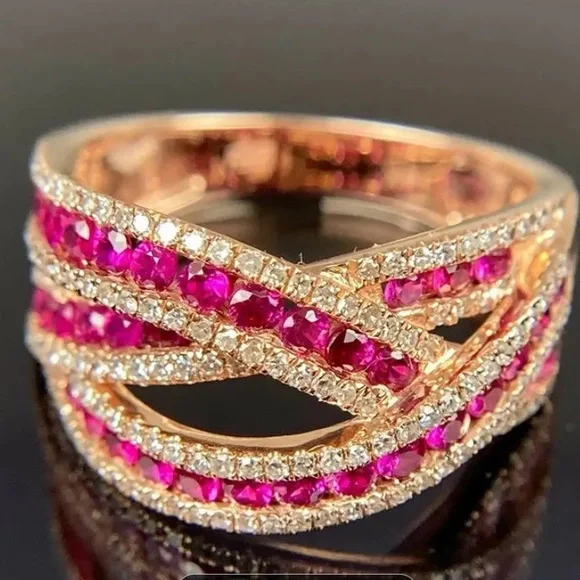 18k Gold Plated and Ruby Zirconia & Clear Pave Crystals Ring - Picture 3 of 4
